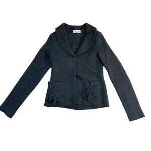 Eva Tralala Paris Women Wool Jacket Shawl Collar Cropped Flower Detail Gray